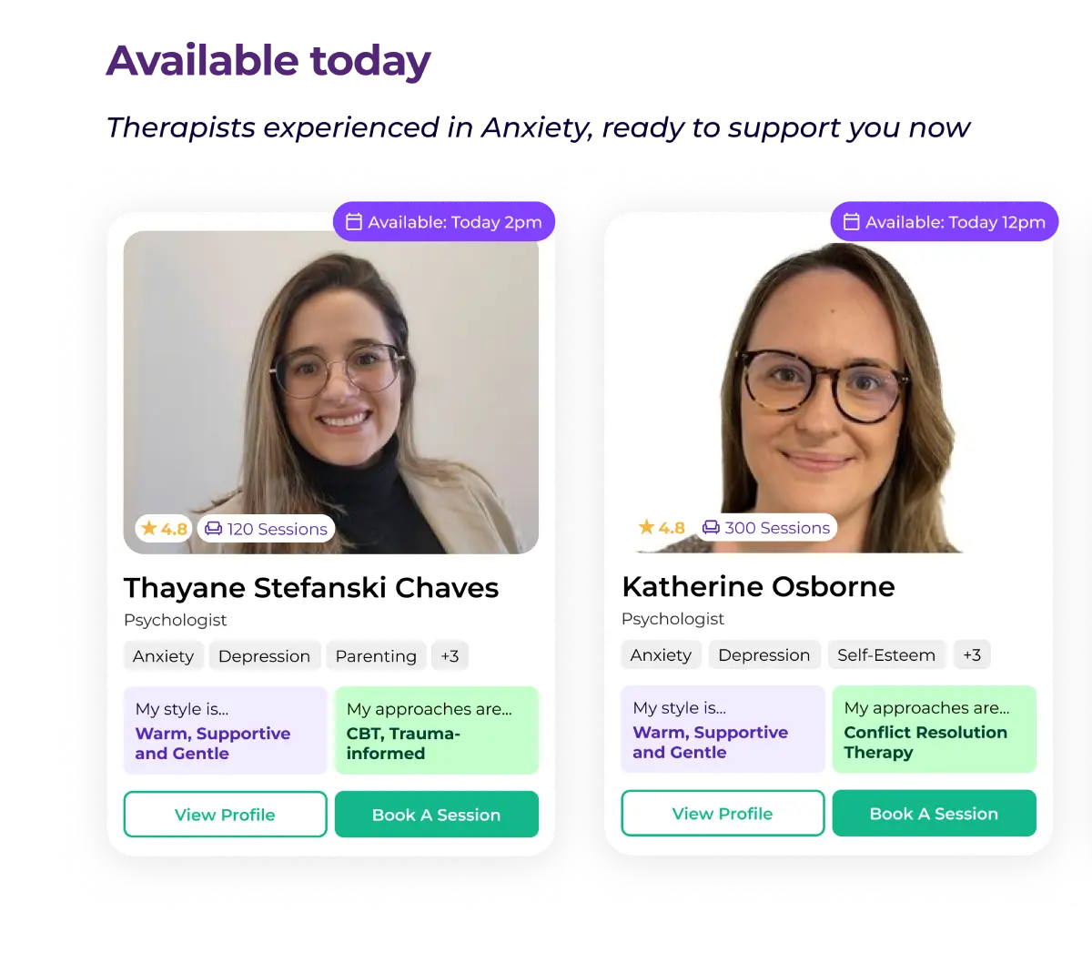 Psychologist profiles on Talked showing who is available today